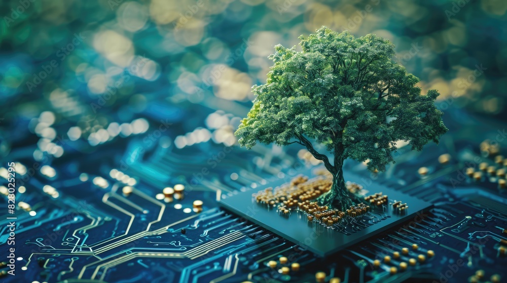 Poster the bottom angle view of the growing green tree on the cpu on the land of the greenish mainboard and