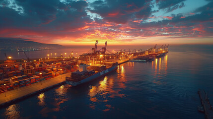 A bustling harbor scene with stacked cargo containers and cranes during a colorful sunset.