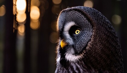 closeup round yellow eyes of great gray owl looking away at dark night with blurred background - Powered by Adobe