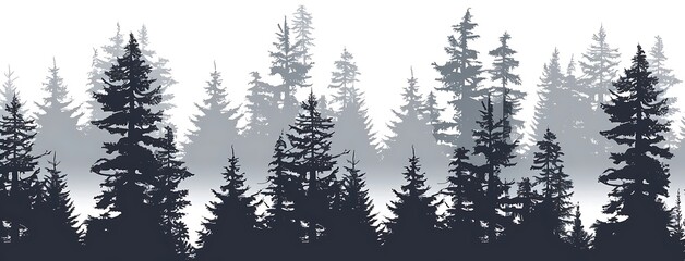 Silhouette illustration of a single pine tree and the bordering pine forest.