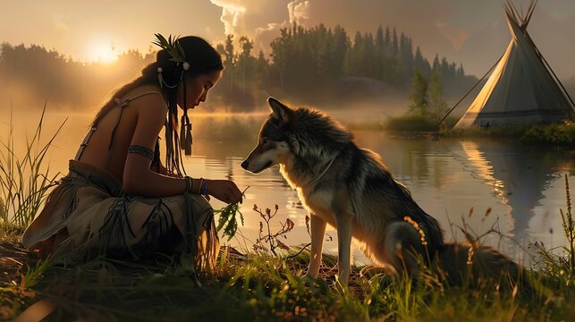 Native American woman with wolf by the lake at sunset