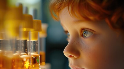 Curious smart child looking at camera while attend in science class with chemical tube. Close up portrait of young elementary student staring at camera while doing experiment at lab. Learning. AIG42.