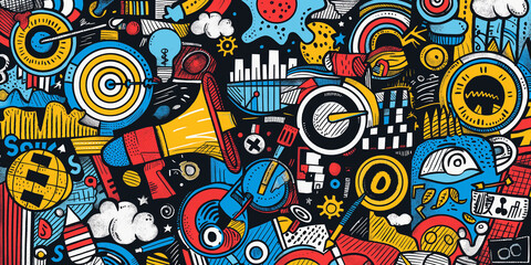 Detailed Marketing Doodle Design Featuring Charts, Target Icons, and Dollar Signs in Playful Patterns