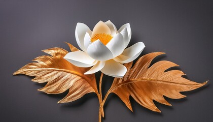  painted white flower and golden leaves on a dark gray background - Powered by Adobe