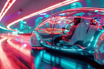 High Speed Night Drive in Futuristic Car with Neon Accents and Advanced Technology