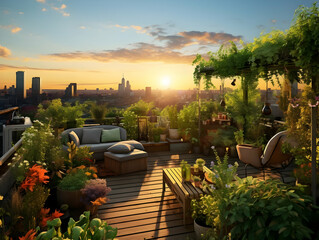 Sunset on rooftop garden, Rooftop garden afternoon view, garden corner on rooftop in an afternoon...