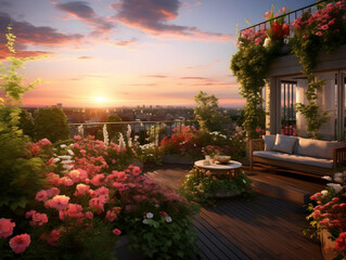 Sunset on rooftop garden, Rooftop garden afternoon view, garden corner on rooftop in an afternoon...