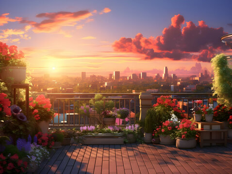 Sunset on rooftop garden, Rooftop garden afternoon view, garden corner on rooftop in an afternoon sunset