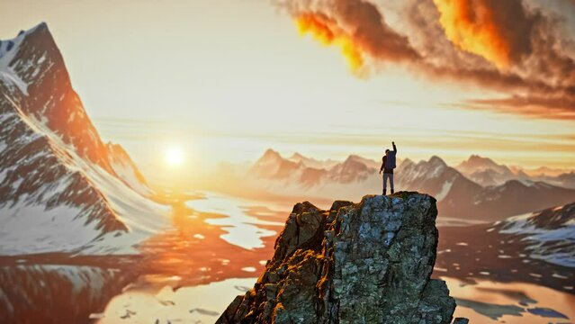 A man standing on top of a mountain with a sunset in the background and a lake below unreal 5 a detailed matte painting photorealism