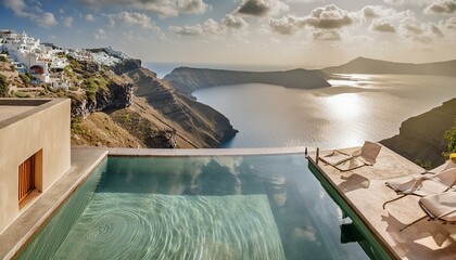 luxury swimming pool in santorini. 3d rendering, Ai generative