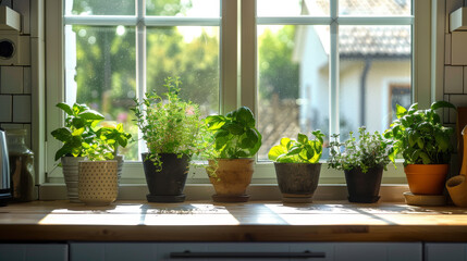 Line of assorted potted herbs on a kitchen counter bathed in natural sunlight from a window.