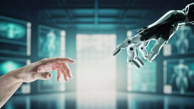 A Hand Reaching Out To AI Robot In AI Room With Other Robots Workshop Advertising Photography Robotics Engineering