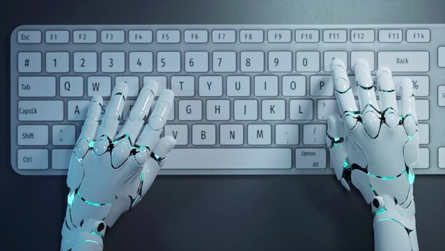 AI Robotic Hand Is Typing On A Keyboard With Glowing Lights On It Workshop Graphic Design Natural Language Processing