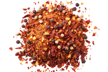Heap of mixed colorful spices featuring paprika, black peppercorns, and chili flakes isolated on a transparent background, perfect for culinary themes and gourmet designs