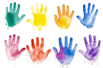 Obraz premium Vibrant set of multicolored handprints, isolated on a transparent background. Includes shades of green, yellow, orange, blue, red, and purple, perfect for diverse and creative design applications