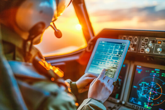 Pilot conducting pre-flight check on tablet in cockpit at sunset, aviation logistics.