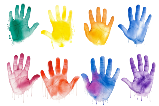 Vibrant set of multicolored handprints, isolated on a transparent background. Includes shades of green, yellow, orange, blue, red, and purple, perfect for diverse and creative design applications