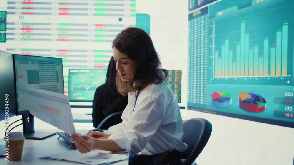Poster enterprise worker examines project updates and details in control room, allocate resources and solve