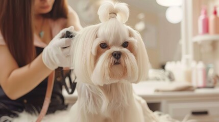 A professional worker at the grooming spa shop trimming the long hair of a charming Maltese dog