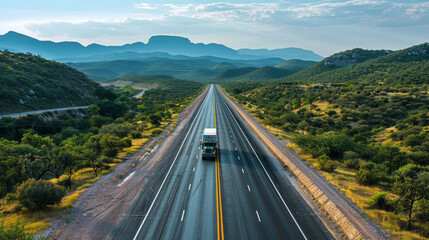 A large truck travels along a highway stretching through a picturesque desert landscape under a clear blue sky.