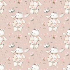 White bear wearing clothes, very beautiful, with a bow on the head, fairy tale cartoon, playing music, color, blush beige, very beautiful, fashion, seamless pattern, elegance, luxurious background	
