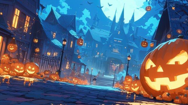 Experience a spine chilling Halloween setting featuring a pumpkin using cartoon graphics