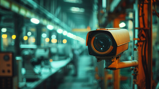 A security camera oversees a bustling factory environment, highlighting industrial safety and monitoring.