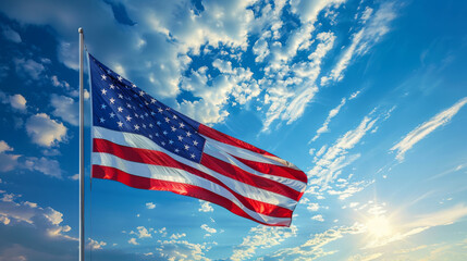 Obraz premium Vibrant American flag waving against a blue sky with white clouds, symbolizing patriotism and freedom.