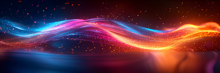 Colorful vibrant neon light stripes and dots, illuminated modern light waves, luminous lighttail stripes on a dark moody background, futuristic design, modern elegant light art