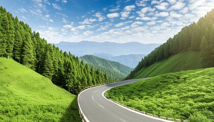 3D of road going up to the top of green mountain forest landscape