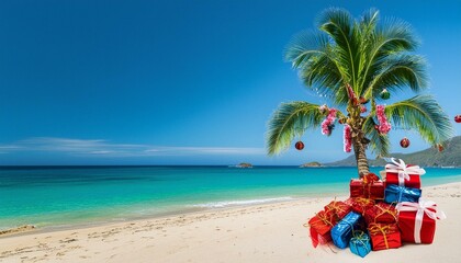 Christmas in southern hemisphere with a palm tree with christmas decorations and gift boxes