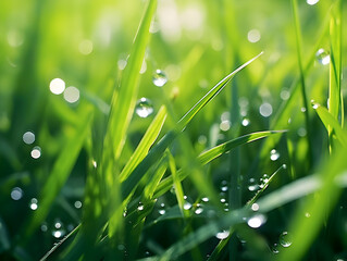 Fototapeta premium Juicy lush green grass on meadow with drops of water dew in morning light in spring summer outdoors close-up macro, panorama. Beautiful artistic image of purity and freshness of nature, copy space.