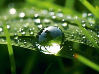 Juicy lush green grass on meadow with drops of water dew in morning light in spring summer outdoors close-up macro, panorama. Beautiful artistic image of purity and freshness of nature, copy space.
