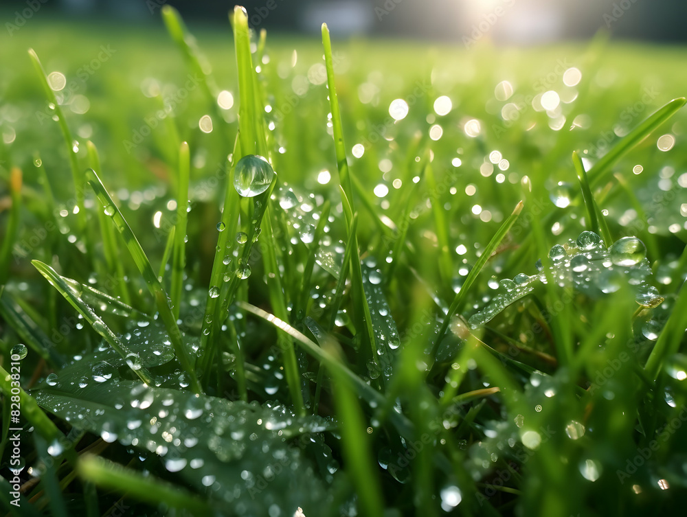 Wall mural juicy lush green grass on meadow with drops of water dew in morning light in spring summer outdoors 