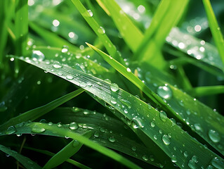 Naklejka premium Juicy lush green grass on meadow with drops of water dew in morning light in spring summer outdoors close-up macro, panorama. Beautiful artistic image of purity and freshness of nature, copy space.