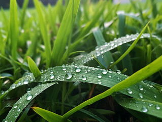 Naklejka premium Juicy lush green grass on meadow with drops of water dew in morning light in spring summer outdoors close-up macro, panorama. Beautiful artistic image of purity and freshness of nature, copy space.