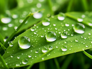 Juicy lush green grass on meadow with drops of water dew in morning light in spring summer outdoors close-up macro, panorama. Beautiful artistic image of purity and freshness of nature, copy space.