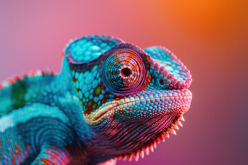 Close-up view of a vibrant chameleon blending into the surroundings while resting on a tree branch