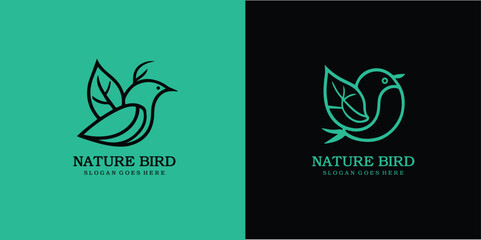 Nature bird logo design, bird and leaf combination logo premium vector illustration.
