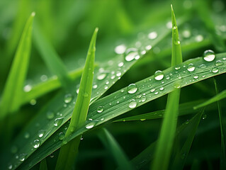 Juicy lush green grass on meadow with drops of water dew in morning light in spring summer outdoors close-up macro, panorama. Beautiful artistic image of purity and freshness of nature, copy space.