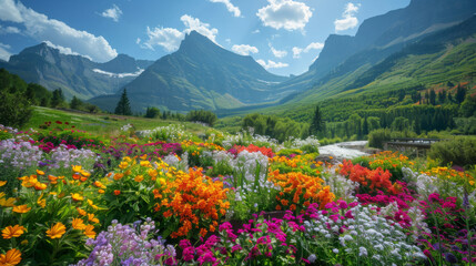 Fototapeta premium A stunning display of colorful wildflowers with a majestic mountain range in the background.
