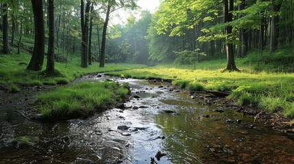 A serene forest stream meanders through a lush, green landscape, dappled with sunlight filtering through the canopy of trees and creating a peaceful, natural ambiance