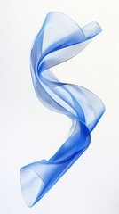 a beautifully wriggling long blue ribbon floating flat in the air. Matte texture, simple expression, gentle curves, non-overlapping edges. Close-up of the edge of the glass. White background, angle va