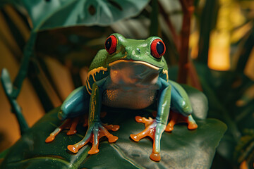 Fototapeta premium A frog with bright red eyes perched on a green leaf in a close-up shot