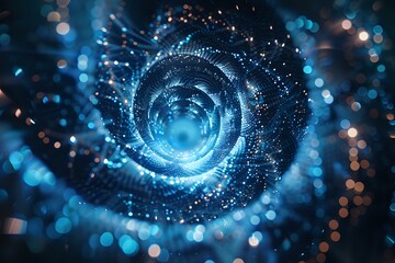 Abstract digital art featuring a swirling blue vortex of light particles, symbolizing futuristic technology and innovation, ideal for tech backgrounds, creative projects, and digital designs.