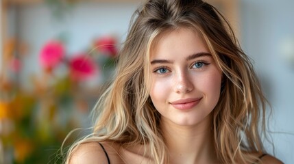 Obraz premium A young woman with long blonde hair and blue eyes smiling warmly while posing in a brightly colored, flower-filled background in an indoor setting