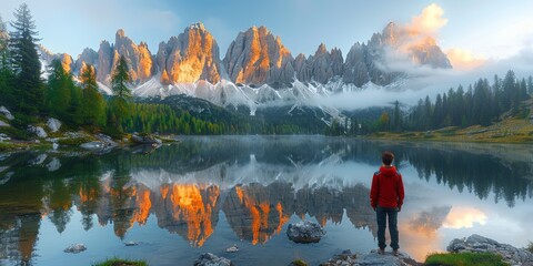 A serene mountain landscape at sunrise featuring towering peaks, lush greenery, and a reflective lake with a solitary person in a red jacket admiring the view - Powered by Adobe