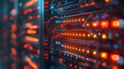 A backdrop of a server room with network cables and lights