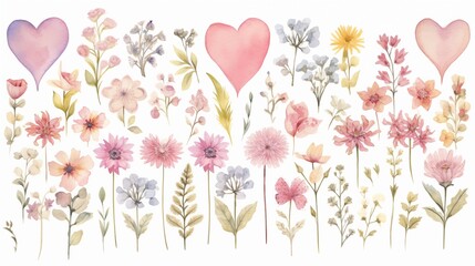 Watercolor Hearts and Floral Illustration Pattern with Wildflowers and Delicate Blossoms