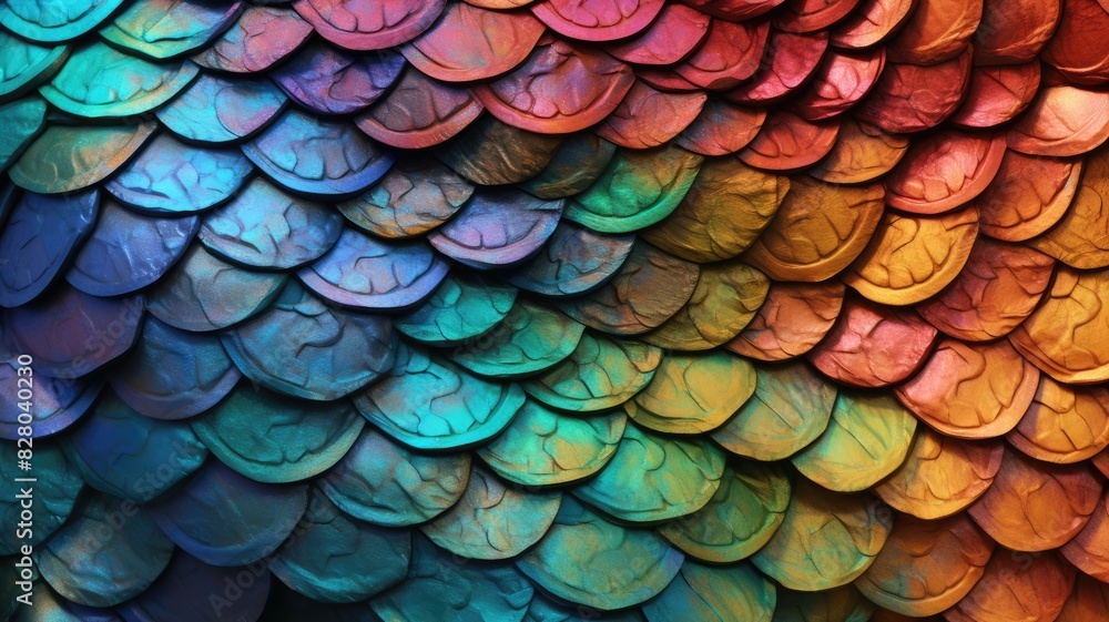 Poster iridescent scales texture with vibrant colors. shiny metallic scale with colorful multicolored vibra